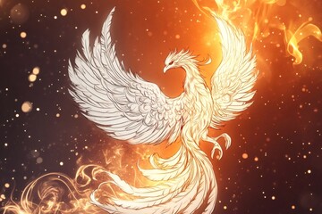 Obraz premium White phoenix rising from flames and embers on a sparkling orange background, fantasy bird spreading its wings