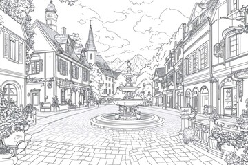 Obraz premium Intricate line art depicts a picturesque european town square, featuring a central fountain, cobblestone streets, and charming buildings, ready for coloring