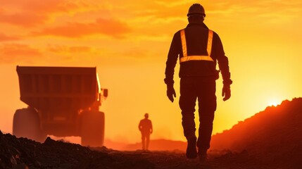 Fototapeta premium Worker Silhouette Against Sunset at Construction Site with Equipment