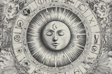 Naklejka premium Intricate illustration featuring sun and moon with closed eyes, surrounded by zodiac symbols and celestial elements, evoking harmony
