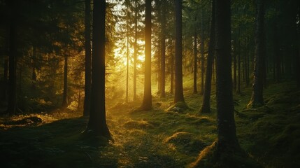 Obraz premium Majestic tree standing tall under the golden sunlight in a serene forest during the early morning hours