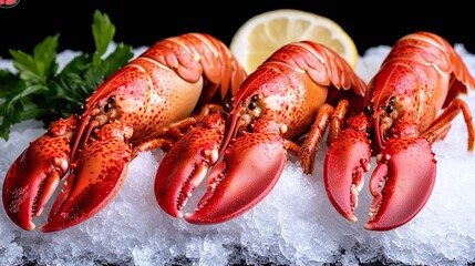 Three cooked lobsters on ice with lemon and parsley.