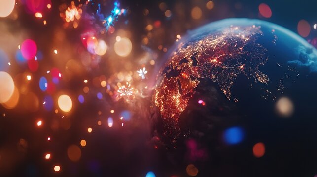 Earth at night with colorful fireworks celebrating a new year or special occasion.