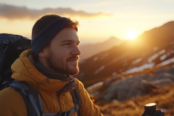 Naklejka premium Hiker enjoys sunset view over mountains while holding trekking pole in early evening