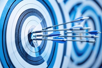 Multiple arrows hit the center of a blue and white target, symbolizing accuracy and achievement. The image showcases vibrant blue tones and concept of success. Ai generative