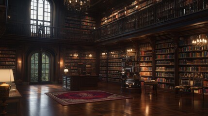 Fototapeta premium A grand library interior featuring towering bookshelves, elegant lighting, and a rich wooden floor, creating a cozy and scholarly atmosphere.