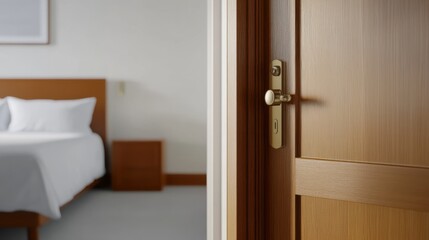 Fototapeta premium A serene bedroom entrance featuring a wooden door and soft decor, inviting tranquility and comfort.