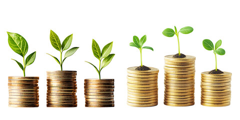 Set of three stacks of golden coins with green sprouts, isolated on a transparent background.