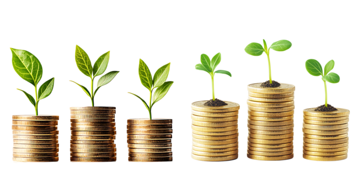 Set of three stacks of golden coins with green sprouts, isolated on a transparent background. - Powered by Adobe