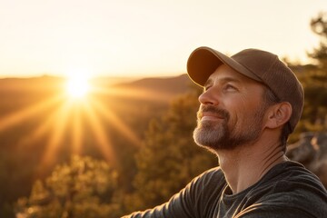 Man enjoying a sunset view on a mountain with warm light and peaceful atmosphere