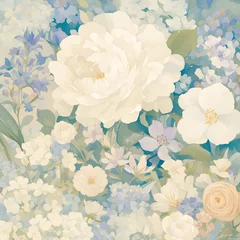 Large White Peony Blooming among Colorful Flowers in a Whimsical Garden