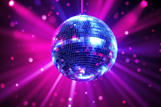 Disco ball with glossy tiles reflecting bright colors, vibrant purple and pink light beams on a dark background. Concept of nightlife excitement. Ai generative