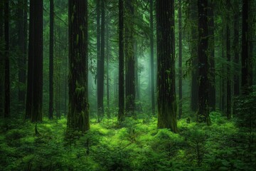 Fototapeta premium Tranquil Dense Forest with Lush Greenery and Soft Ambient Light