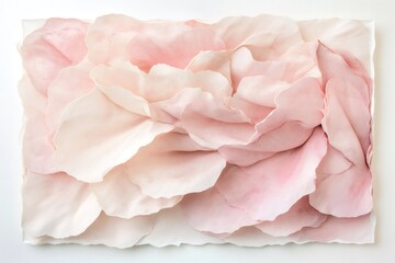 Close up of overlapping peony petals creating a textured, abstract floral background in delicate shades of pink