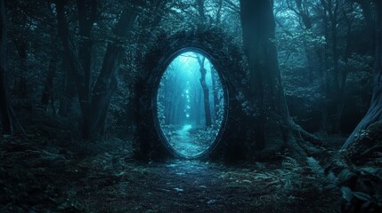 Mysterious enchanted mirror in a dark forest surrounded by dense foliage and mist
