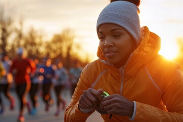 Woman in an orange jacket preparing for a marathon during sunset with runners in the background