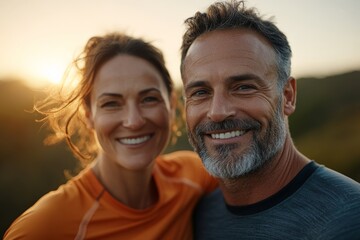 Happy couple enjoying their time outdoors at sunset in a serene natural setting