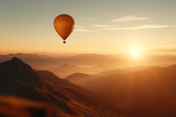 Obraz premium Hot air balloon glides over mountains at sunrise with warm colors illuminating the landscape