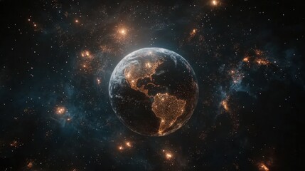 Obraz premium Earth at night from space, showing city lights and stars.