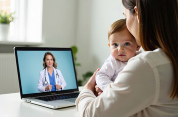 Mother with baby video calls female doctor on laptop for pediatric consultation