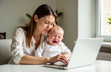 Stressed caucasian female adult with crying baby using laptop at home