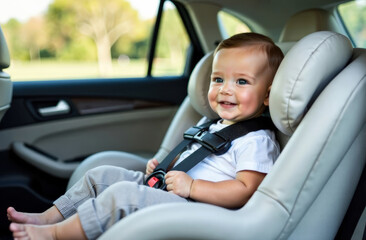 Happy caucasian infant in car seat smiling inside a vehicle