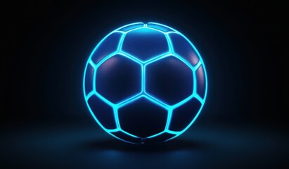 Obraz premium Neon Blue Soccer Ball with Hexagonal Patterns on Dark Background
