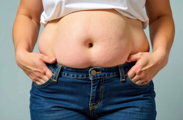 Naklejka premium Close-up of female holding waistline in jeans