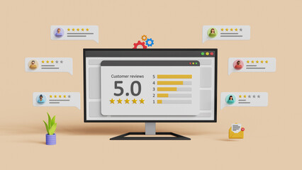 Online customer satisfaction, reputation ranking, client service rating, survey or service review concept. User experience and comments. Consumer give 5 stars and feedback review. 3D illustration