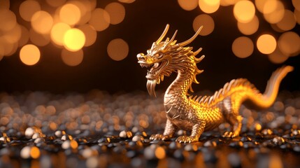 Fototapeta premium Chinese New Year holiday symbolism. A golden dragon figurine stands prominently against a backdrop of shimmering bokeh lights, exuding a mystical and enchanting atmosphere.