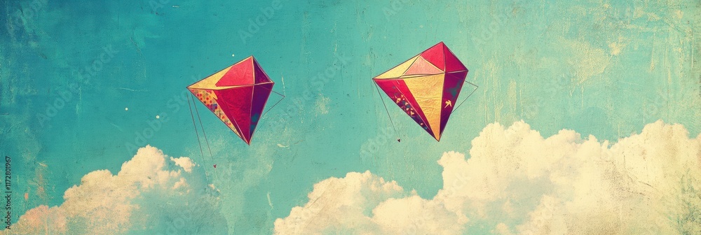 Poster colorful kites soaring in a blue sky with fluffy clouds during a bright sunny day in a whimsical ret