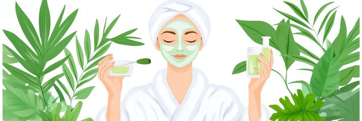 A woman with a face mask and bathrobe applies skincare with a brush, holding a cream jar, surrounded by lush green leaves.