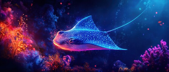Obraz premium Brightly lit stingray glides through a vibrant coral reef at night in a marine ecosystem filled with colorful underwater life