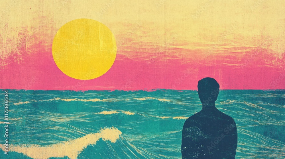 Poster sunset over ocean with silhouette, retro risograph style artwork capturing tranquil moment at beach.