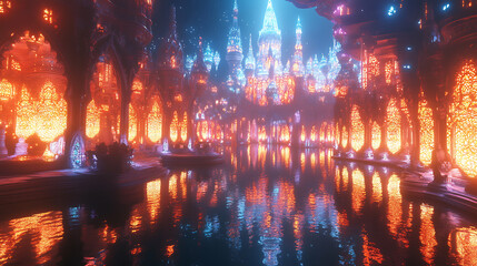 A fantasy palace with intricate glowing patterns and magical lights reflecting off crystal-clear water 