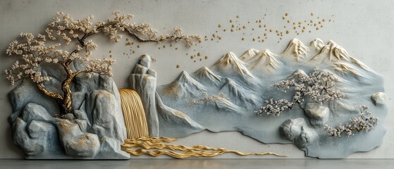 Intricate wall art depicting a serene waterfall surrounded by mountains and trees in a fine golden relief