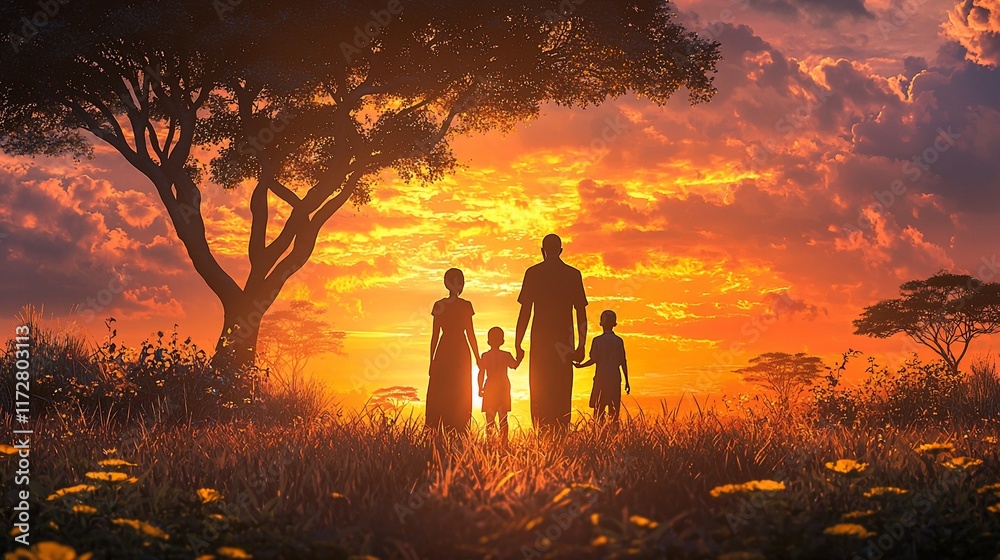 Poster Family silhouette at sunset in African savanna.