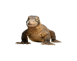 Obraz premium A Komodo dragon, viewed from the front, against a black background.