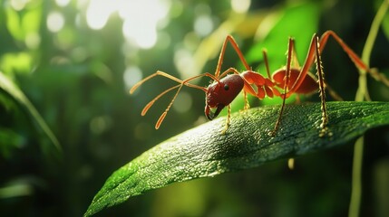 Close-up of a red ant on a green leaf in a lush forest, illuminated by sunlight.