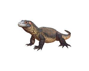 Obraz premium A Komodo dragon, viewed from the side, against a black background.