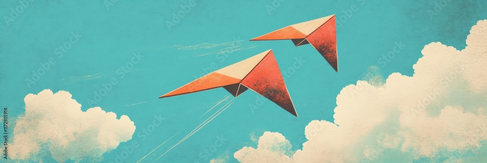 Poster two colorful paper planes soar through a bright blue sky with fluffy white clouds above a vibrant la