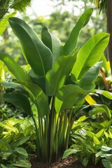 Obraz premium Lush tropical vegetation with oversized vibrant green banana leaves in a serene garden setting, capturing the essence of exotic nature in the sunlight