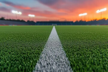 Green Soccer Field with Line and Sunset Sky in the Background