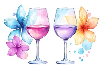 Watercolor valentine's day celebration romantic vibes with wine glasses and floral elements