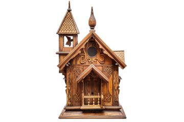 Unique wooden birdhouse with steeple and sophisticated architectural design isolated on transparent background