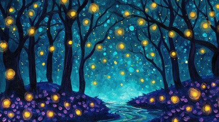 Enchanted Forest with Glowing Lights and Dreamy River Scene