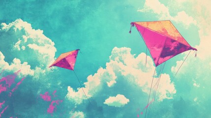 Colorful kites flying high in the bright blue sky on a sunny day with fluffy clouds. Generative AI