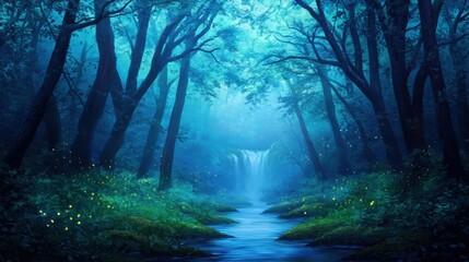 Fototapeta premium Enchanted Forest With Waterfall And Glowing Fireflies At Night