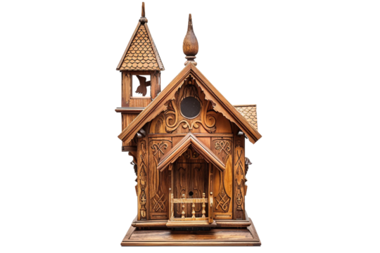 Unique wooden birdhouse with steeple and sophisticated architectural design isolated on transparent background