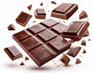 Milk chocolate bars floating with pieces, on white background. Flying dark chocolate pieces,...